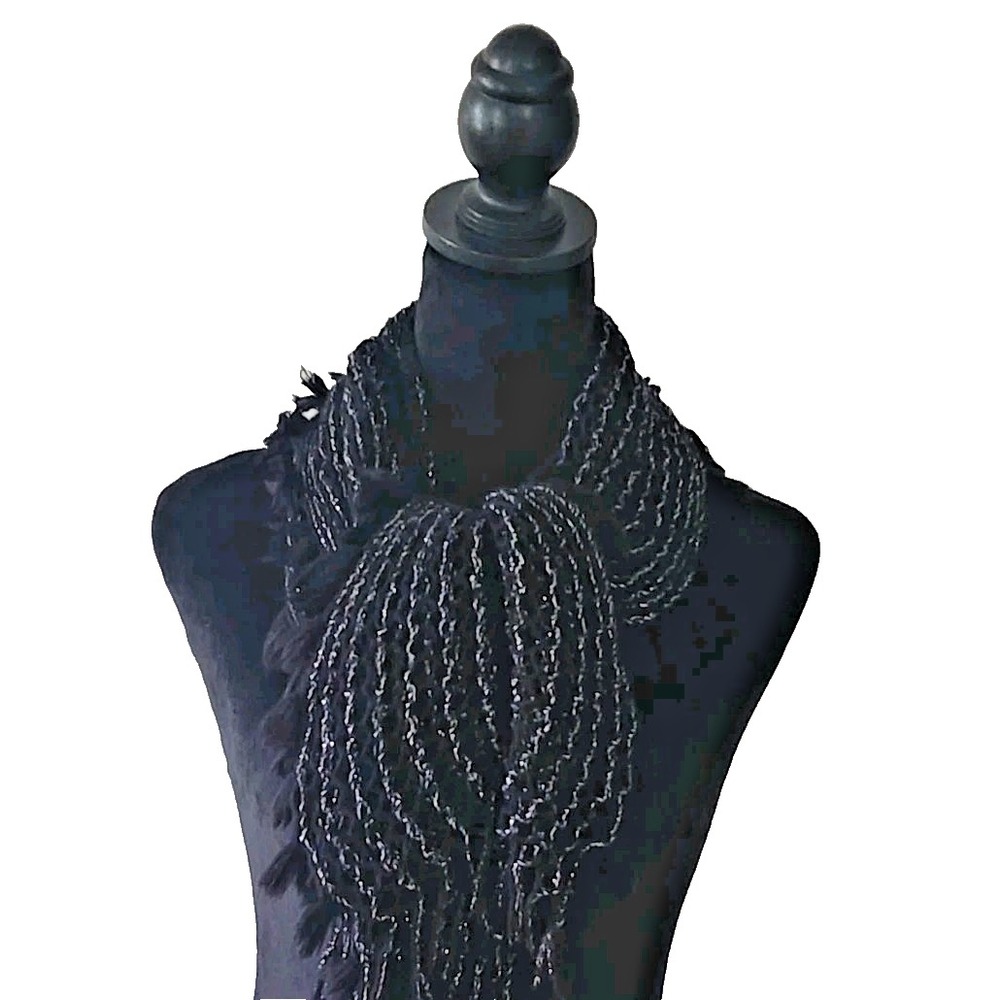 Extra Long 100 x 5" Stretch Scarf/Wrap Black and Sliver Lurex with Tassel Detail